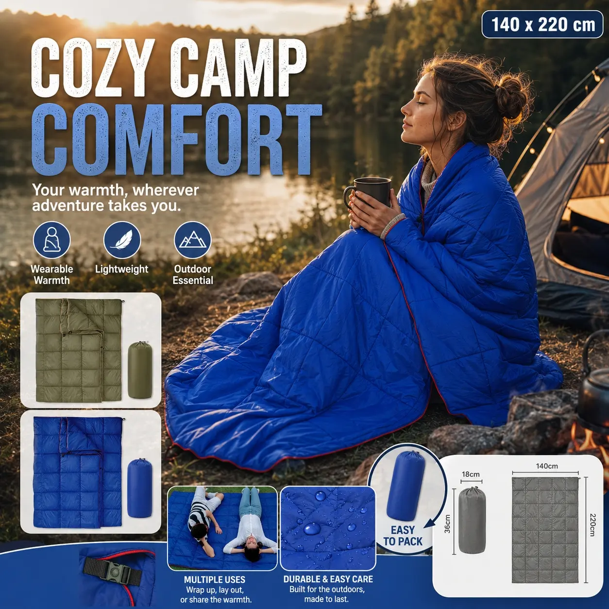 Double Camping Blanket Lightweight Outdoor Travel Quilt Waterproof Polyester Warm Hammock Top Quilt with Pillow Storage Bag, Portable Picnic Beach Blanket for Adults Couples, Camping Sleeping Gear, Hiking Trekking Backpacking Camping Park Travel Gear
