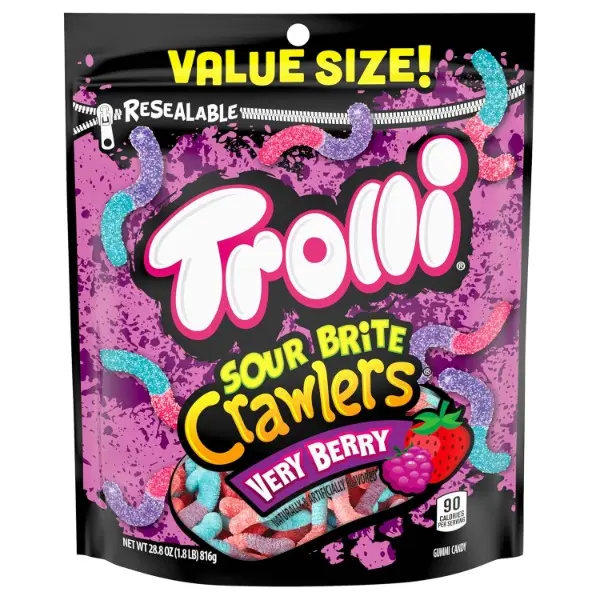Sour Brite Crawlers Soft Sweet Gummy Worms - Very Berry, Raspberry, Strawberry Flavored Chewy Candies, 28.8 oz Resealable Snack Bag for Birthday Candy Enthusiasts