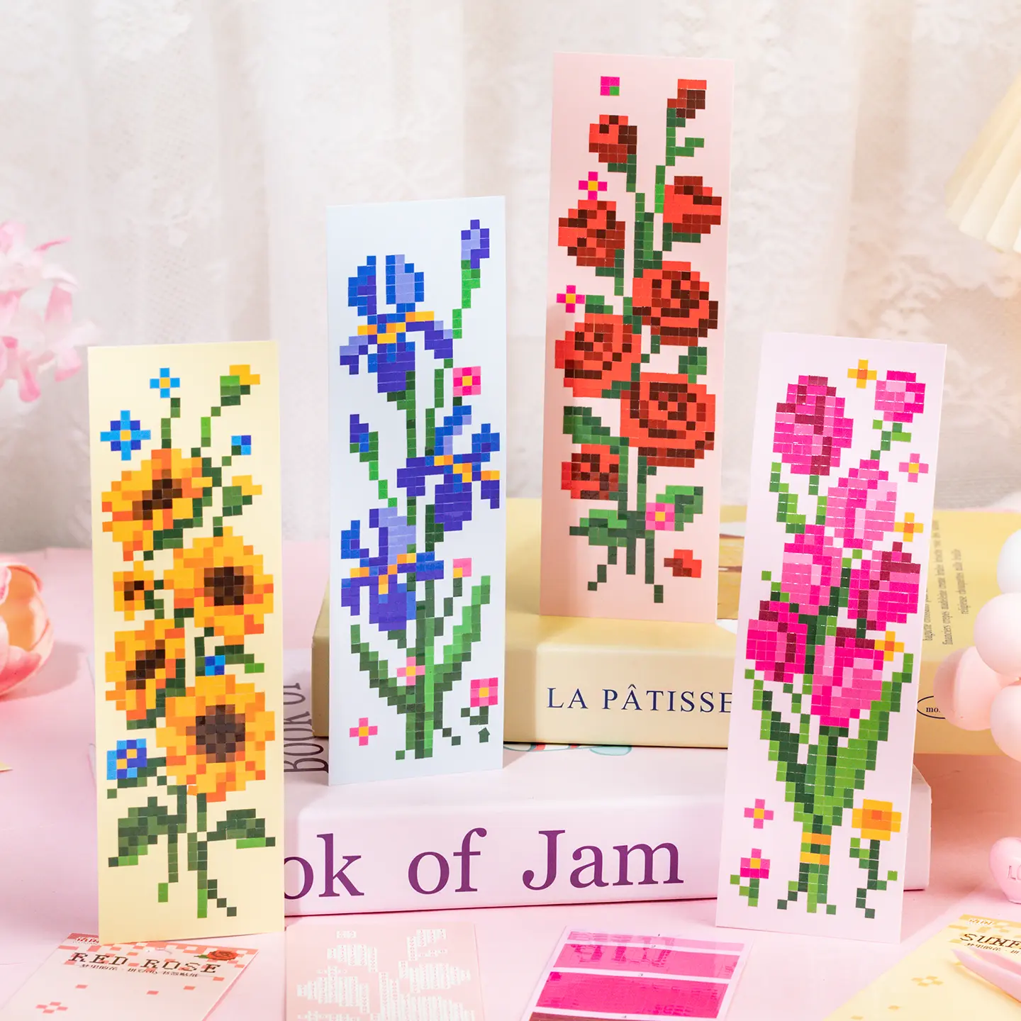 4-Pack Floral DIY Bookmark Kit - Pre-Printed Sunflower, Tulip, Iris & Red Rose Designs, 5.5x17.5 cm Synthetic Paper, 13.7g, Includes Tweezers, Easy to Craft Botanical Art for Journals, for Plant Lovers, TikTokShopJumpstartSale, Pre-Printed, Easy To Craft