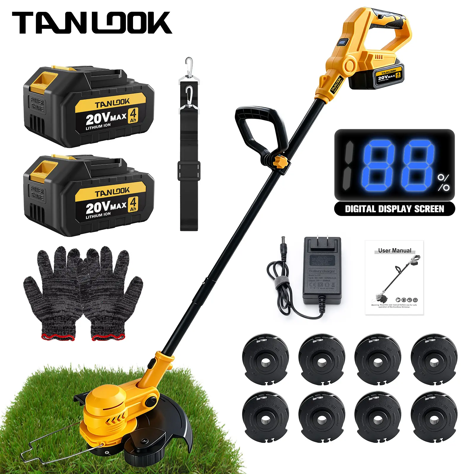 Tanlook 20V Cordless Electric String Trimmer - Portable Battery-Powered Grass Weed Eater, Lightweight Lawn Edger with 8 Replacement Spools for yd/Garden Weeding, Trimming, Bush Cutting Home Outdoor Power Tool