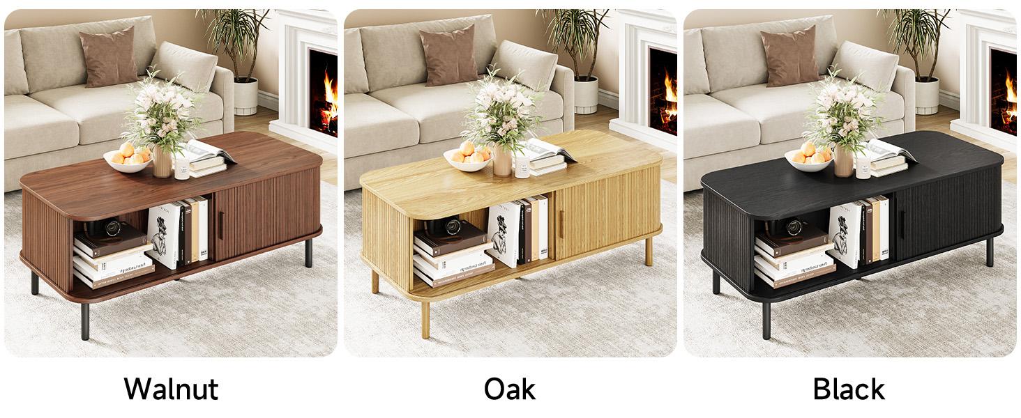 【SPOTLIGHT DAY】ONBRILL Fluted Coffee Table with Storage,47.2" Modern Coffee Tables with Sliding Door, Rectangle Wood Center Table with Adjustable Leg for Living Room, Black