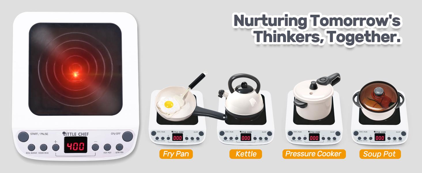 CUTE STONE Pretend Play Kitchen Toy with Cookware Steam Pressure Pot and Electronic Induction Cooktop, Cooking Utensils, Cut Play Food, Shopping Basket Learning Toy Spring