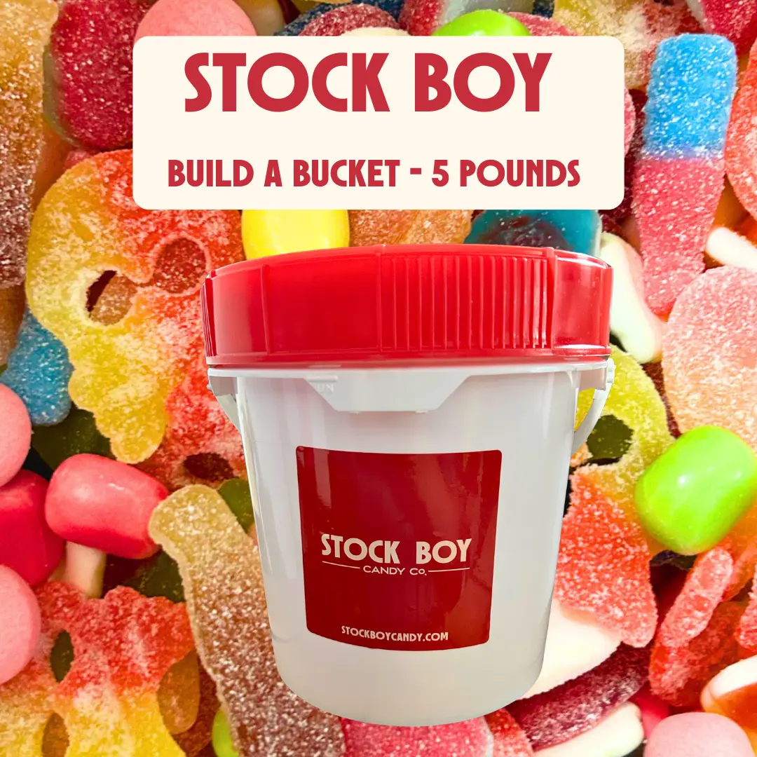 Stock Boy Build-A-Bucket- 5LB - We will pack your order live at our Pick N Mix Station -  Choose a minimum of 5 candies - If not live, you can still order Blue Raspberry Xylitol Gum