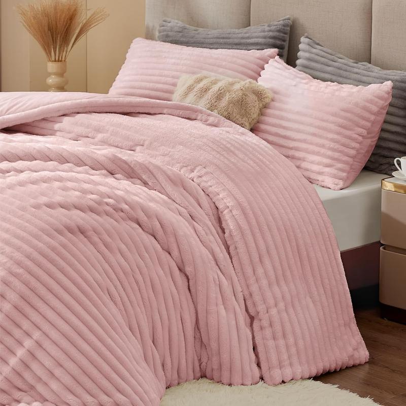 BEDELITE Flannel Comforter Set Super Soft & Warm Fluffy Pink Valentine's Day gift - Elegant Striped Design for Winter - Twin/Queen/King Sizes Machine Washable