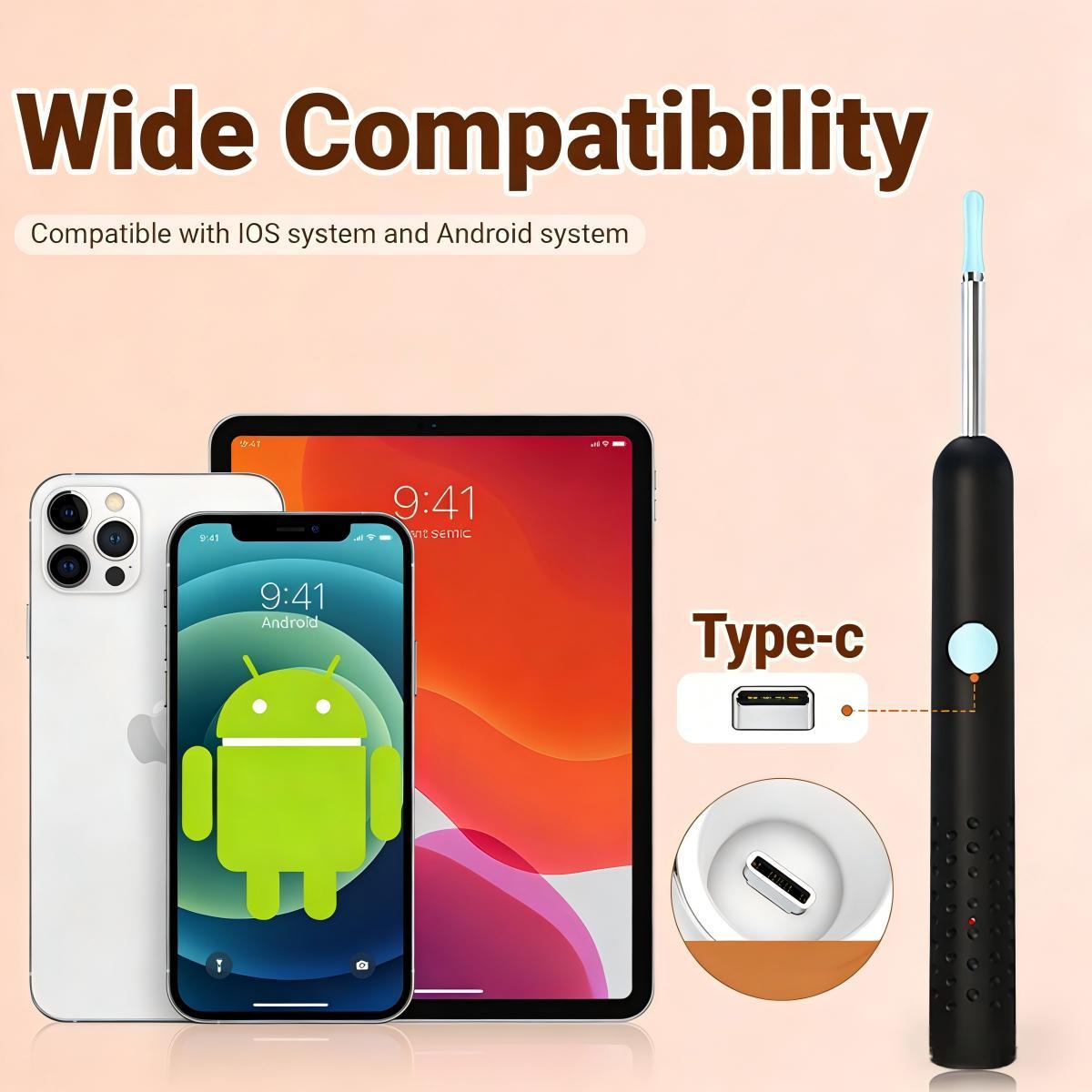 Smart 1080P HD Ear Camera Kit 9 Piece Set for iPhone & Androidh 6-9 Soft Silicone Spoons Rechargeable Battery Black Safe Wax Removal Tool with Crystal Clear View Ear Cleaner Ear Irrigation Kit