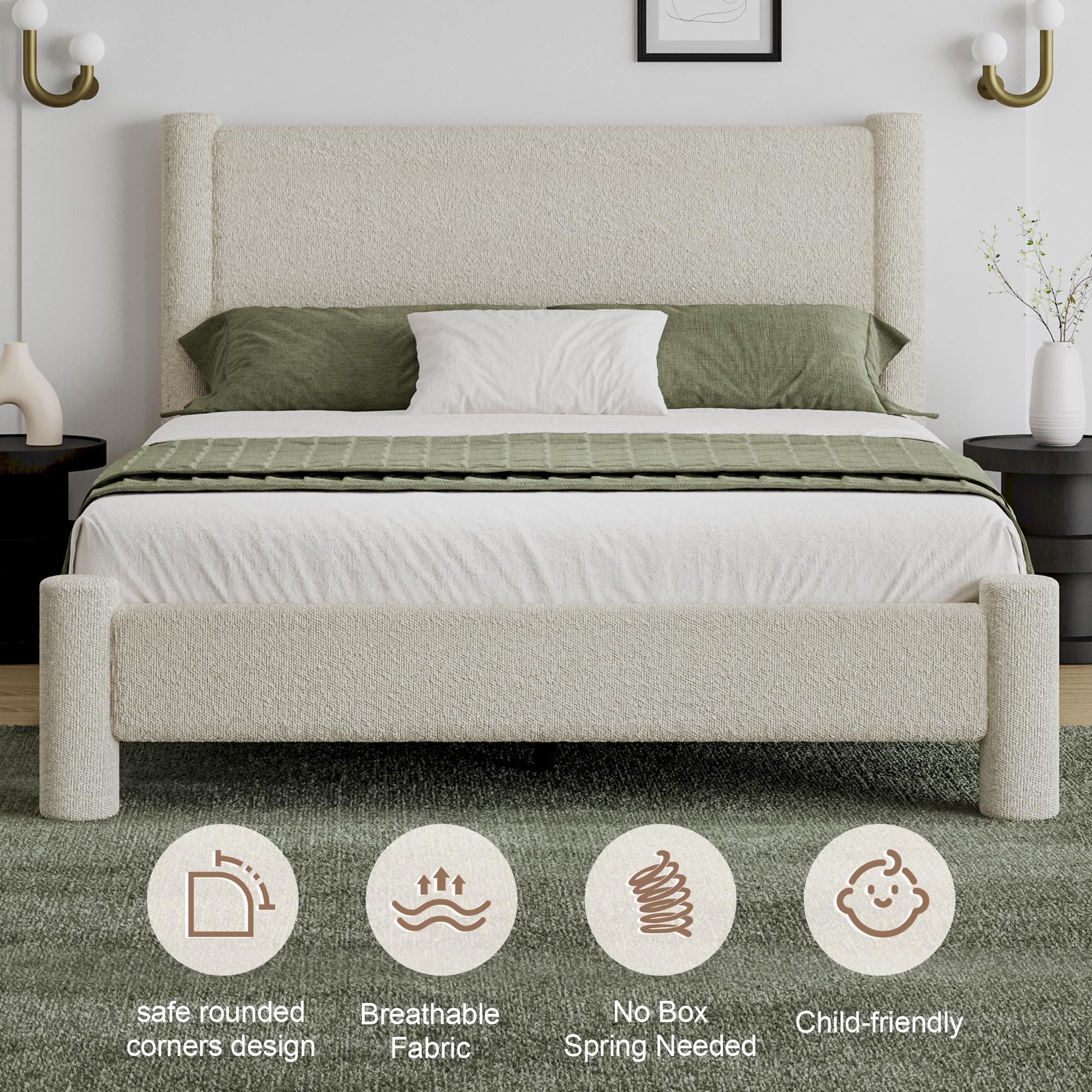 HOMBCK Soft Bed Frame, No Mattress, Boucle Bed Frame with Headborad, Upholstered Platform Bed Frame with Rounded Corners, No Box Spring Required