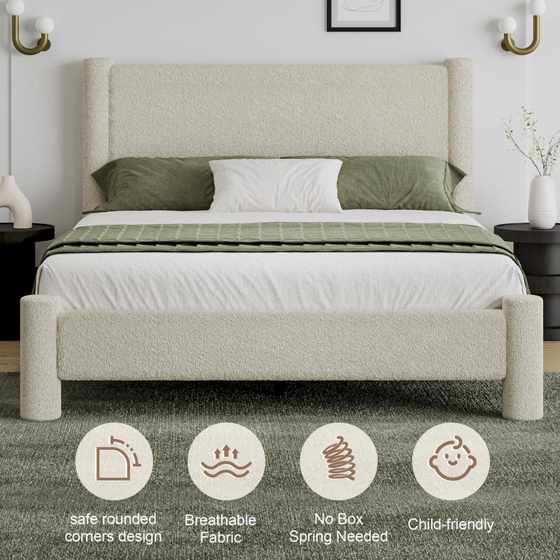 HOMBCK Soft Bed Frame, No Mattress, Boucle Bed Frame with Headborad, Upholstered Platform Bed Frame with Rounded Corners, No Box Spring Required