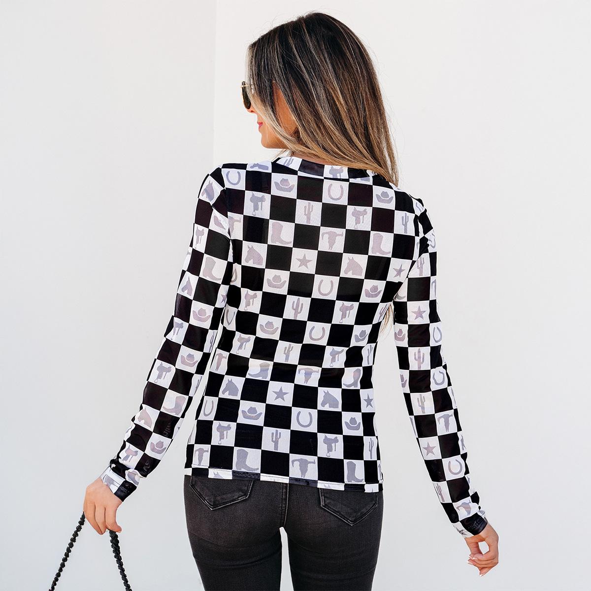 Znacicc Women's Super Chic Checkered Mesh Mock Neck  Winteroutfit Long Sleeve Top - Chic Shirt for Women - Womenswear