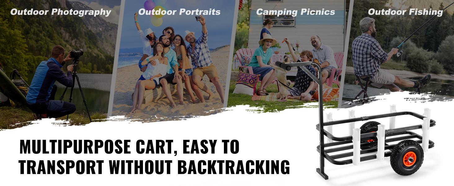 VEVOR Beach Fishing Cart, 200 lbs Load Capacity, Fish and Marine Cart with Two 11" Big Wheels Rubber Balloon Tires for Sand, Heavy-Duty Steel Pier Wagon Trolley with 7 Rod Holders for Fishing, Picnic folding wagoncart