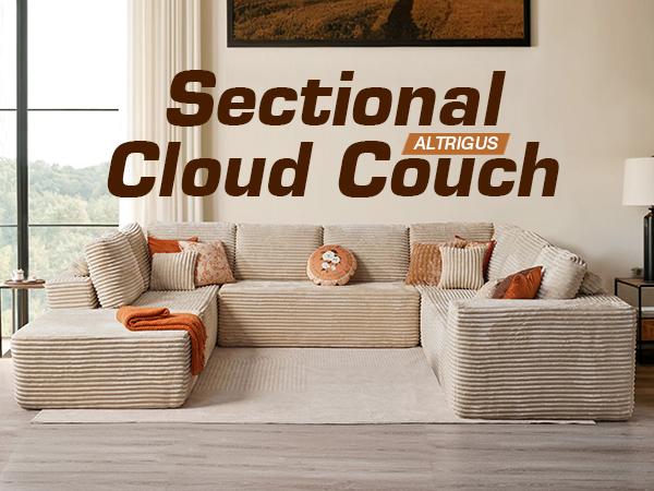 【4 Packages Shipping】Ovios Sectional Cloud Couch for Living Room, Modular Floor Sofa with Plush Corduroy, No Assembly Required, Big Comfy Couches Set with Fluffy Memory Foam, Stupendous U Shaped Sofas with Chaise Furniture Lounge