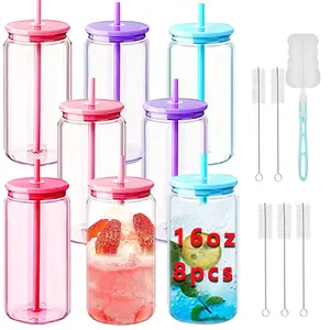 KAFUFU 8 Pack 16oz Colorful Plastic  Cup with Lids and Straws, Pre-Drilled Acrylic Tumblers for DIY Crafts, Reusable Water Bottle Set with Brushes, Car Cup for Iced Coffee, St. Patrick's Day Spring Break Party Essentials  Drinkware Mug Bottled Portable