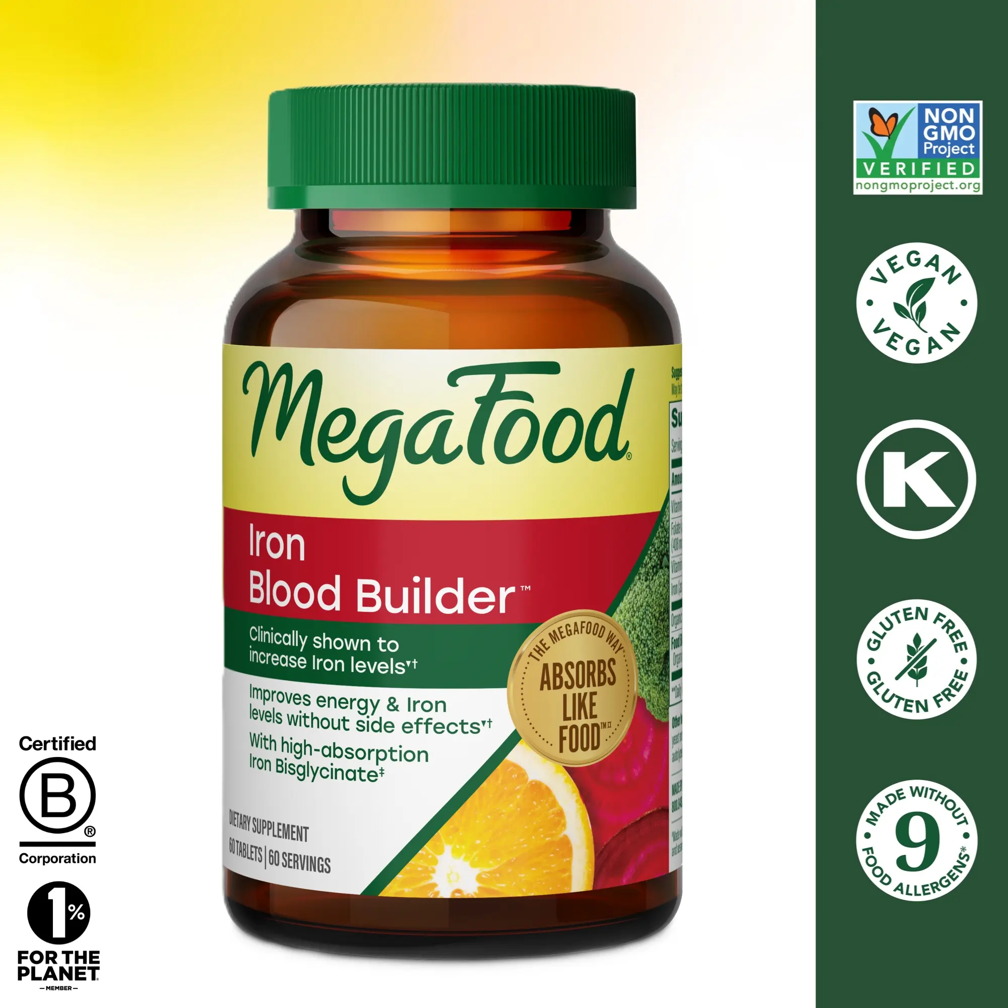 MegaFood Blood Builder Iron Supplement-Clinically Shown to Increase Iron Levels while Gentle on the Stomach. 60 Servings