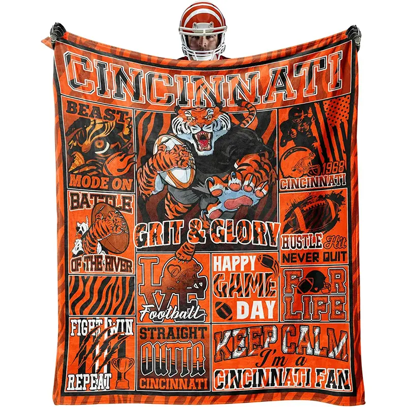 Cincinnati Themed Fleece Throw Blanket, suitable for sofa beds, offices, all seasons, warm plush blanket, home décor, football team fan gift blanket