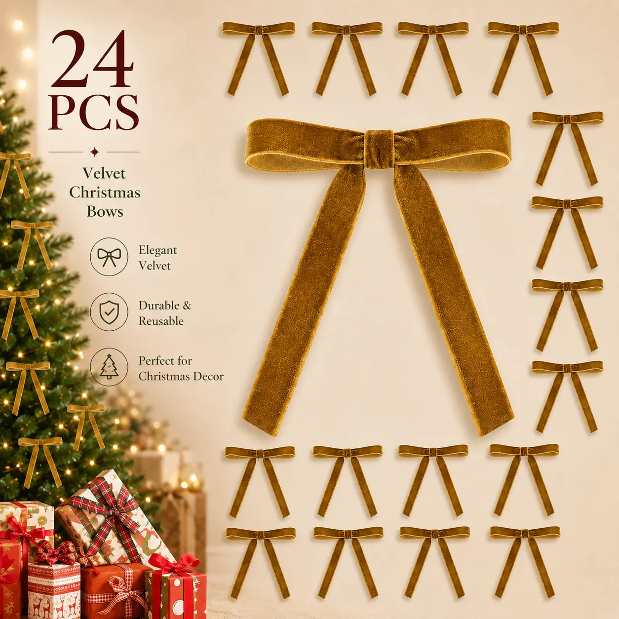 Rustic Brown Velvet Bow Set (24 Count) - Classic Festive Embellishments for Christmas Tree, Door Decorations, Wreaths and Gift Wrapping, Decorative Flower Ornaments