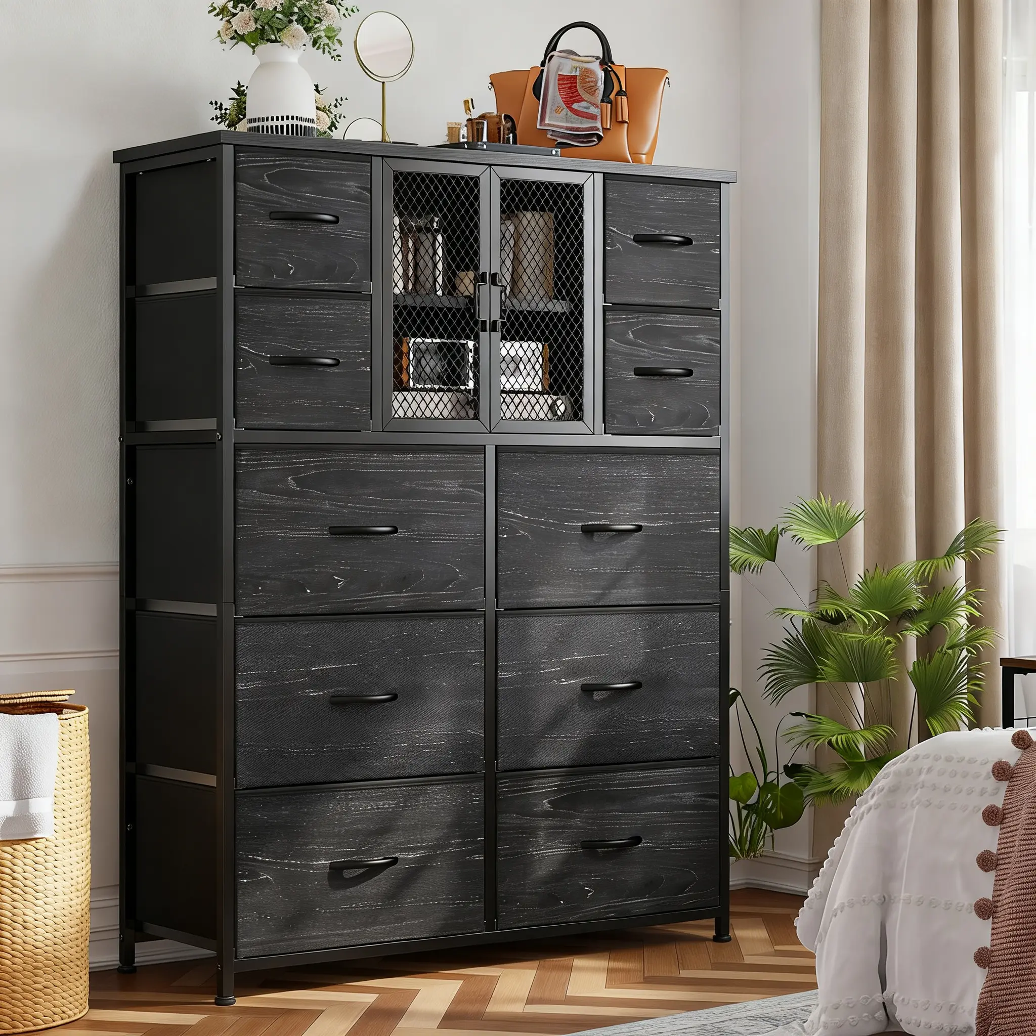 【Tall Dresser】Raybee High Dresser for Bedroom with Mesh Door, 10 Fabric Drawers Organizer, Metal Frame, Wood Top, Tall Design for Closet & Entryway, Easy Assemble, Black