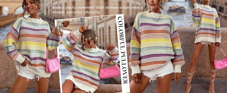 CHARTOU Women Contrast Striped Pullover Sweater 2025 Fall Outfits Oversized Knit Jumper Tops