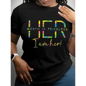 Comfortable Women's Crew Neck T-Shirt with Letter Print – Perfect for Holiday and Casual Days
