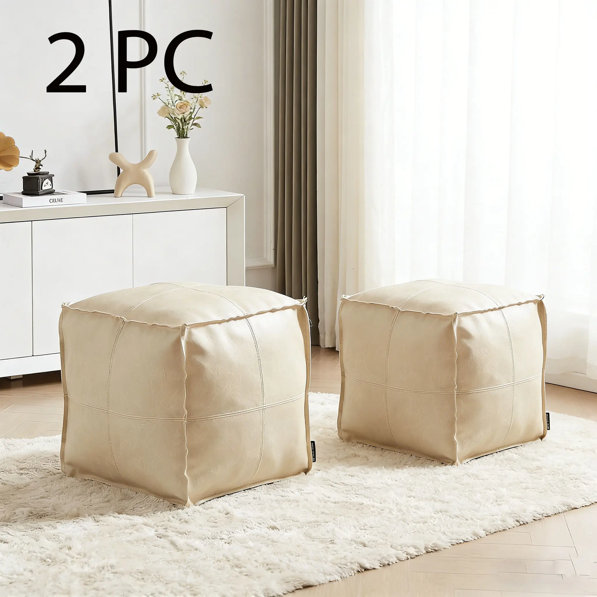 Matte Faux Leather Unstuffed Pouf Ottoman Cover Premium Textured Finish Non-Slip Bottom Sturdy Zipper DIY Fillable Square Footstool for Living Room Scratch-Resistant Easy Clean Modern Home Decor 17" Diameter, Cushioned Stool, Foot Rest Stool