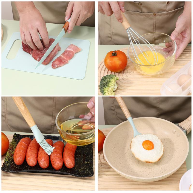 19PCS Silicone Kitchen Utensils Set with Knife Set, 5-Piece Knives + Utensil Holder, Heat Resistant Cooking Tools, Nonstick Safe Wooden Handle Kitchen Gadget Set, Spatula Turner Tongs Whisk Ladle for Home Cooking