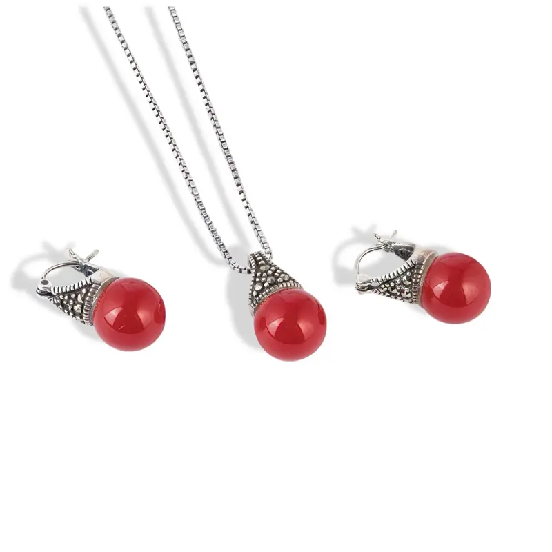 Women's Vintage 925 Sterling Silver Marcasite 2-Piece Jewelry Set - 16-18in Ball Pendant Box Chain Necklace & Formal Earrings, Polished Bead Design, 1mm, Round Ball Pendant, Birthday/Anniversary Gifts for Adults, Female