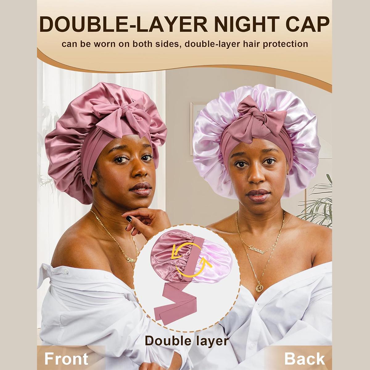 Large Double Layer Solid Satin Bonnets Silk Like Texture for Sleeping Cap with Elastic Band Reversible for Curly Hair Bonnets Gifts for Women