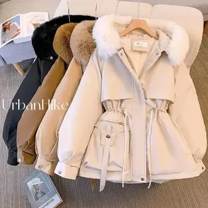Fashionable Women's Winter Jacket with Faux Fur Collar Oversized Long Coat Hooded Warm Lined Women's Down Jacket Parka Casual Chic