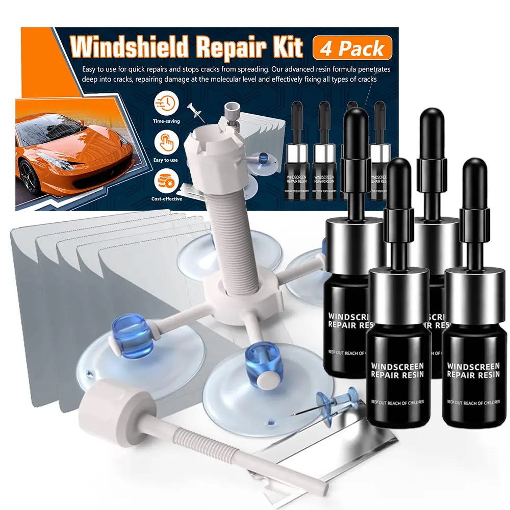 Windshield Crack Repair Kit – 4 Pcs Car Glass Repair Kit for Chips, Cracks & Bullseyes, Automotive Glass Repair Fluid