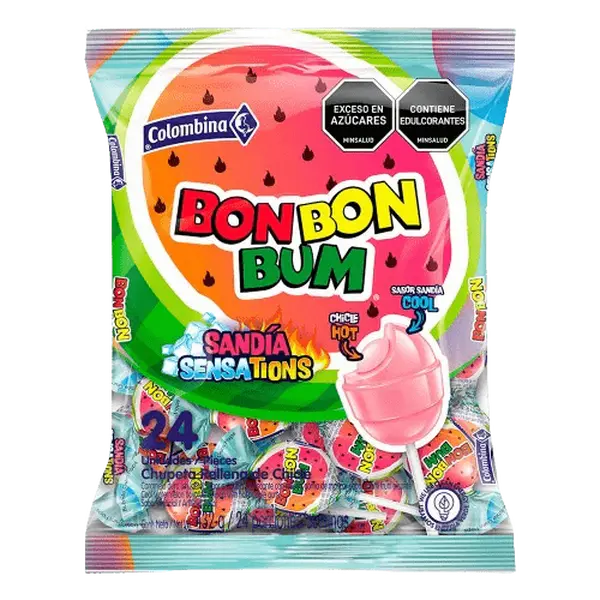 Colombina Bon Bon Bum Sensations – Sandía Cool – 24 Count Box – 408g (14.4 oz) – Watermelon Lollipops with Spicy Bubble Gum – Imported from Colombia