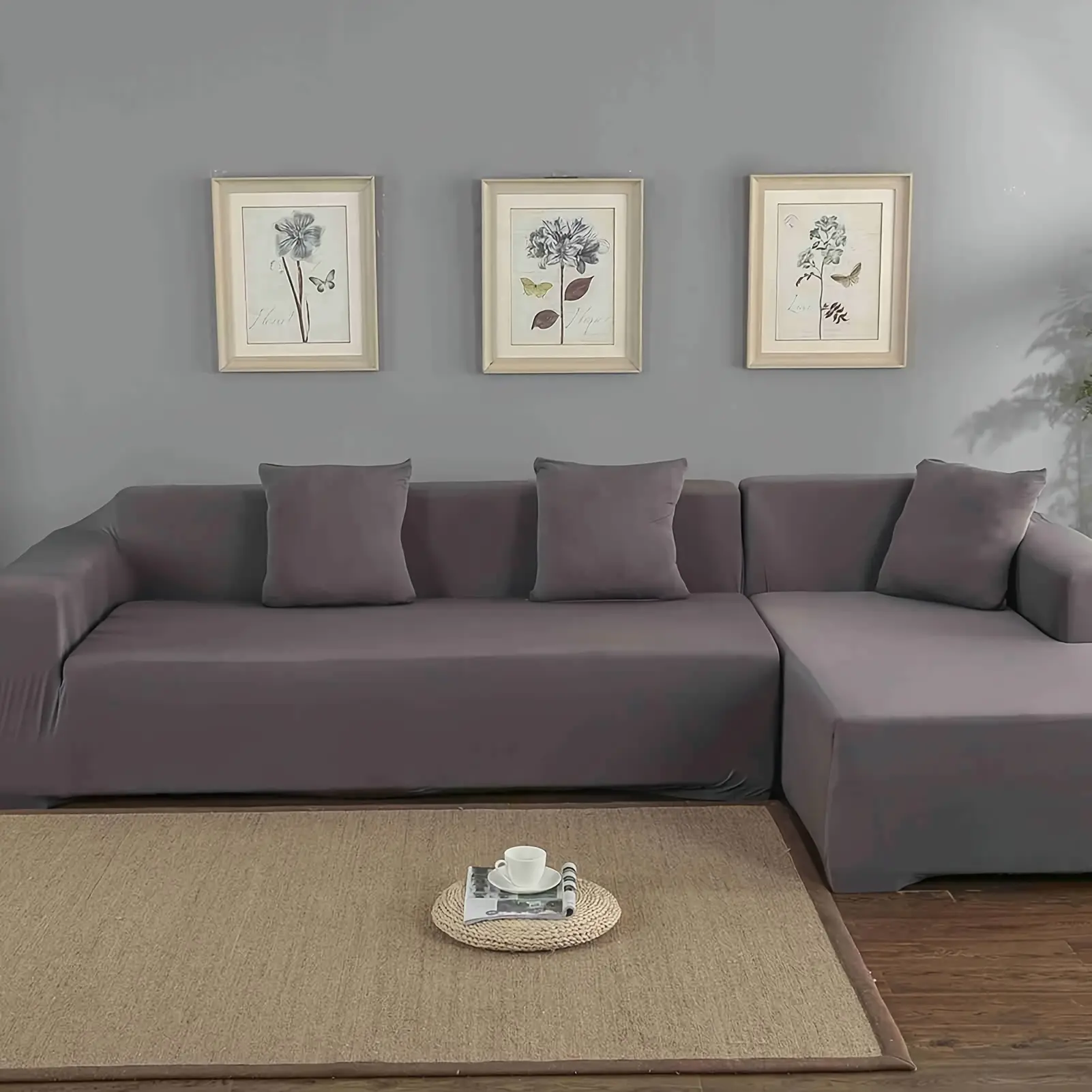 Solid Stretchable Polyester Classic Flat Weave Non-Customised 3+2 Seat L-Shape Corner Sofa Cover Set, Dark Grey Soft All-Seasons Dustproof Scratch-Resistant Pet-Friendly Machine-Washable Slipcover for Sectional & Chaise, Stretch Chair Slipcover