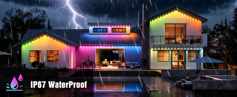 Smart RGB Permanent Outdoor Lights for House 100FT/200FT RGB+IC Eave Lights with DIY Color IP67 Waterproof App & Remote Control 72 Scene Modes for Christmas Holiday & Daily Decor
