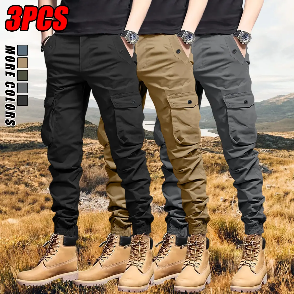 Men’s 3-Pack Non-Stretch Cargo Pants - Low Waist, Solid Plain, Fitted Cut, Multiple Pockets, Breathable, Tapered Cuffs, Durable Utility Work Pants for Casual Sport, Warehouse Work, Everyday Wear