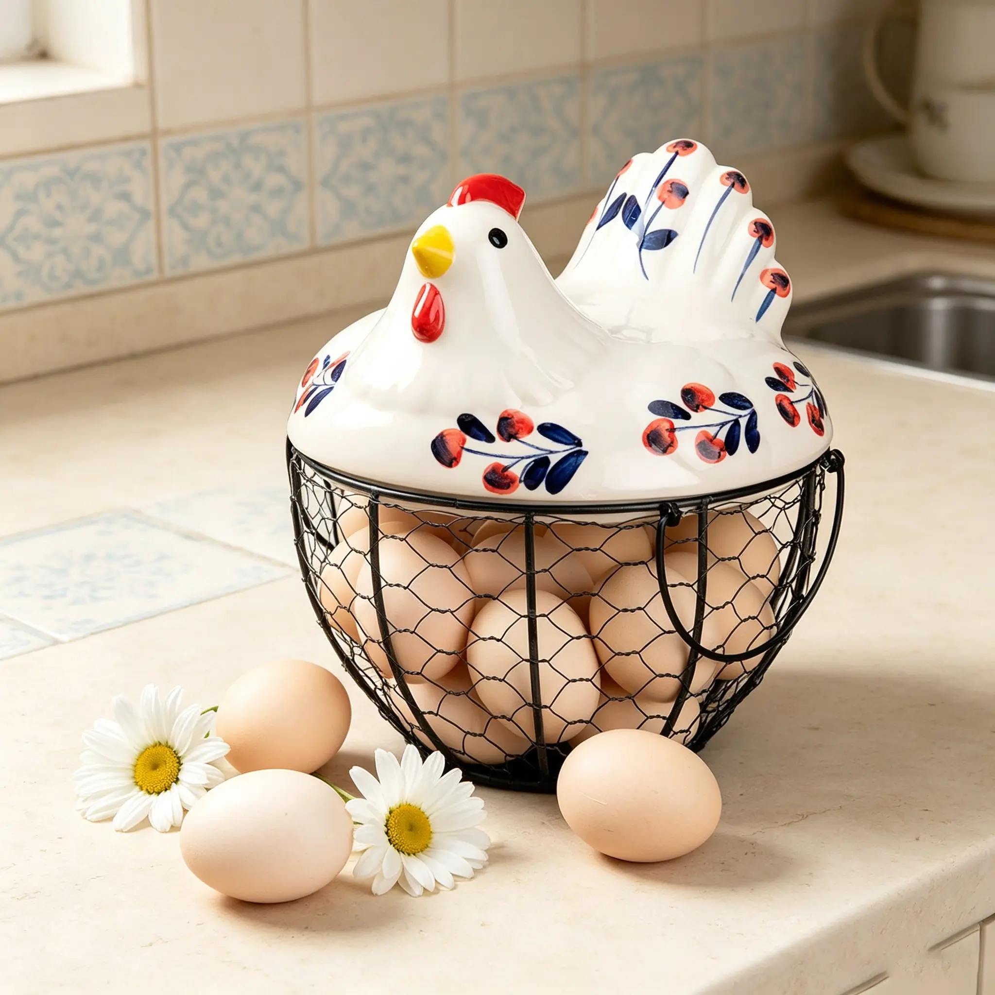 Farmhouse French Country Ceramic Iron Egg Basket with Metal Wire-Lid - Durable Rustic Kitchen Storage Organizer to Organize Items, Single Unit for Countertop Display & Housewarming Gift, Basket Shape