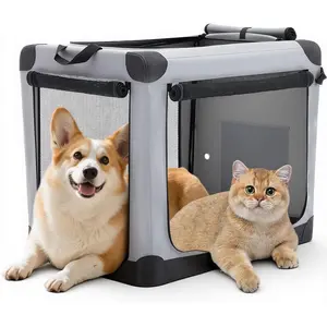 24 Inch Foldable Soft Crate for Cats & Small Dogs - Portable Travel Carrier with Washable Pad, Black/Gray Options, Airline Approved Pet Kennel for Indoor/Outdoor Use