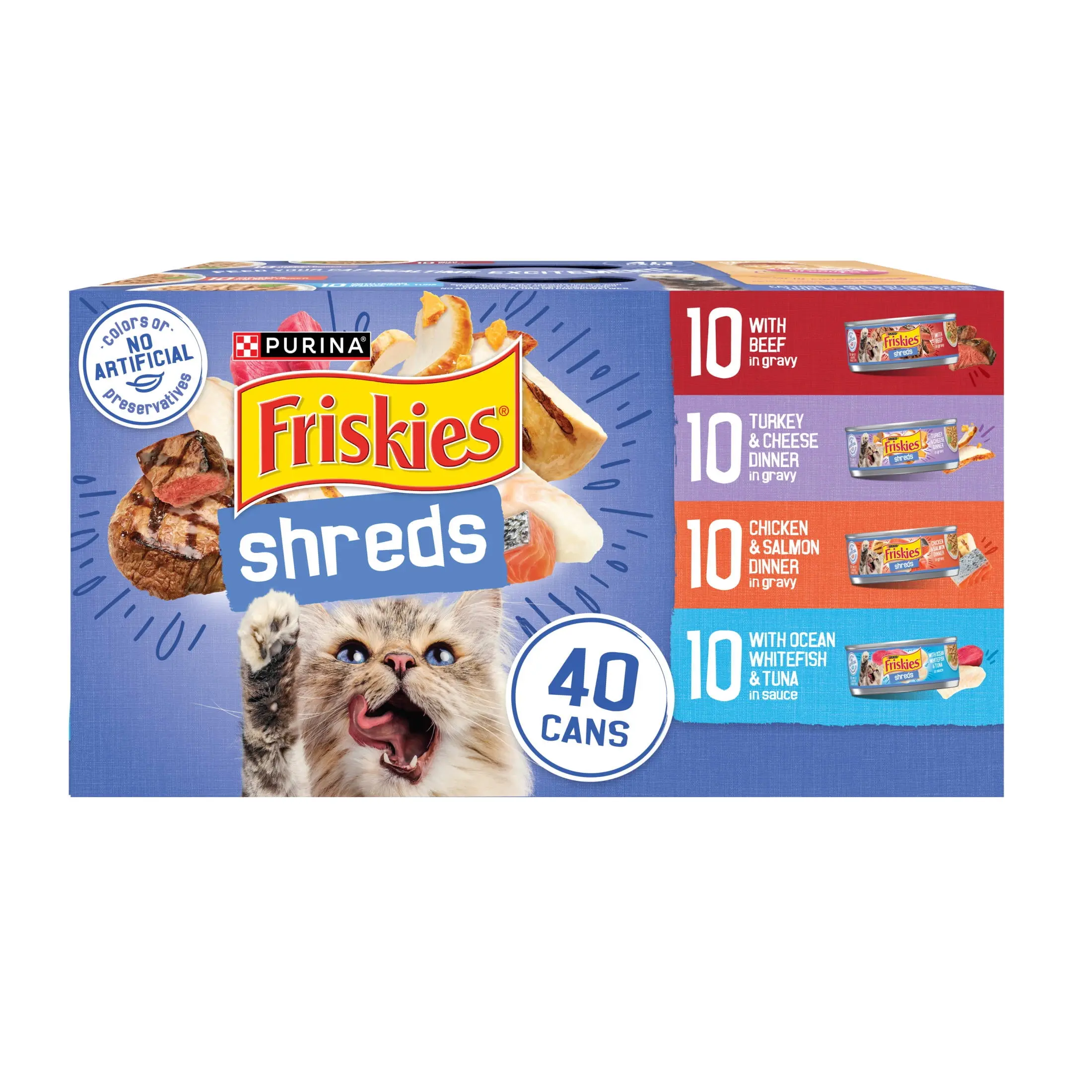 Purina Friskies Shreds Gravy Wet Cat Food For Healthy Adult Cats Rich Hydration Beef Chicken Turkey 5.5 oz Cans