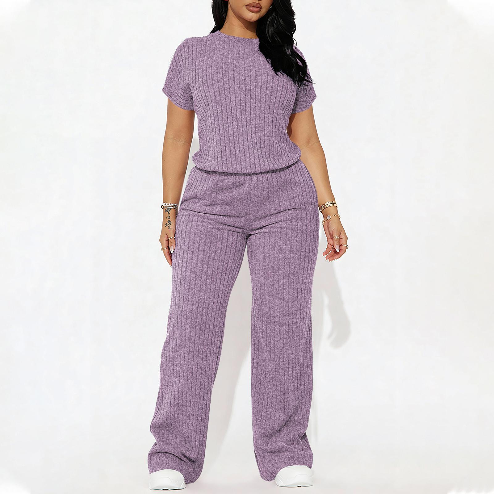 Women's Solid Shortsleeve Crewneck Ribbed Top & Wide Leg Pants Minimalist Casual Fitted Fashion Cozy Top & Trousers for Daily Outdoor Wear Ladies Clothes for Summer Womenswear Yoga Clothes Set Black Batwing Suits Suits