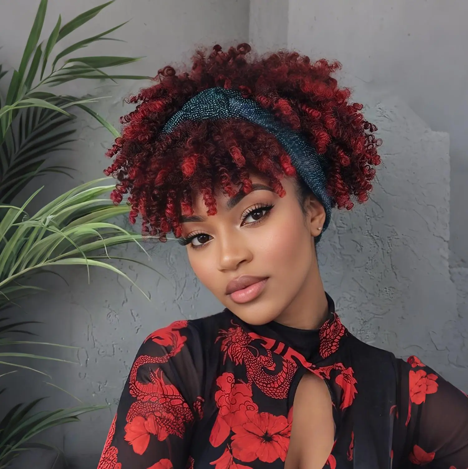 Headband Wig Afro Kinky Curly Headband Wig Brown Curly Hair with Bangs Ombre Afro Puff Wig With Bangs for Women Synthetic Half Wigs Head Wrap strap 2 in 1
