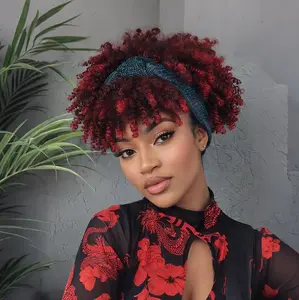 Headband Wig Afro Kinky Curly Headband Wig Brown Curly Hair with Bangs Ombre Afro Puff Wig With Bangs for Women Synthetic Half Wigs Head Wrap strap 2 in 1