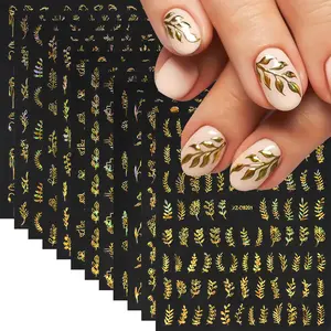 12 Sheets Bronzing Gold Leaves Nail Art Stickers Leaf Flower Nail Decals 3D Self Adhesive Shiny Nail Stickers Design Manicure Supplies Decoration for Acrylic DIY Nails