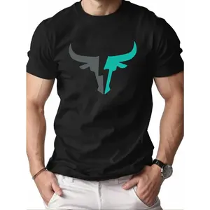 Men's Casual Short Sleeve Crew Neck T-Shirt with Bull Head Graphic - Black with Teal Geometric Design, Lightweight Polyester Blend, Perfect for Summer, Outdoor & Home Wear, Casual Summer Wear |   Bull Head Design |   Smooth Fabric