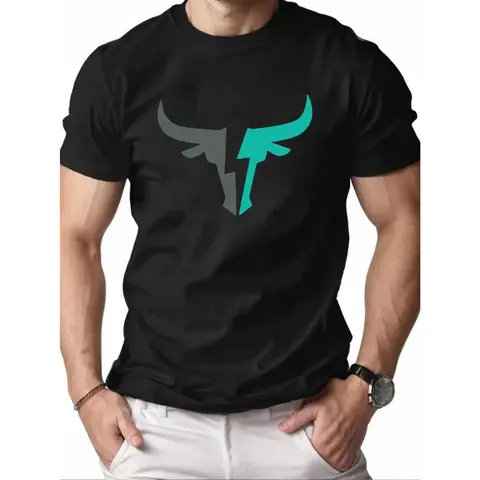 Men's Casual Thermal Novelty Tee - Black, Soft Short-Sleeve Round Neck, Teal Geometric Bull Head Print, Lightweight Polyester Blend Menswear, Machine Washable Sports Outdoor Top