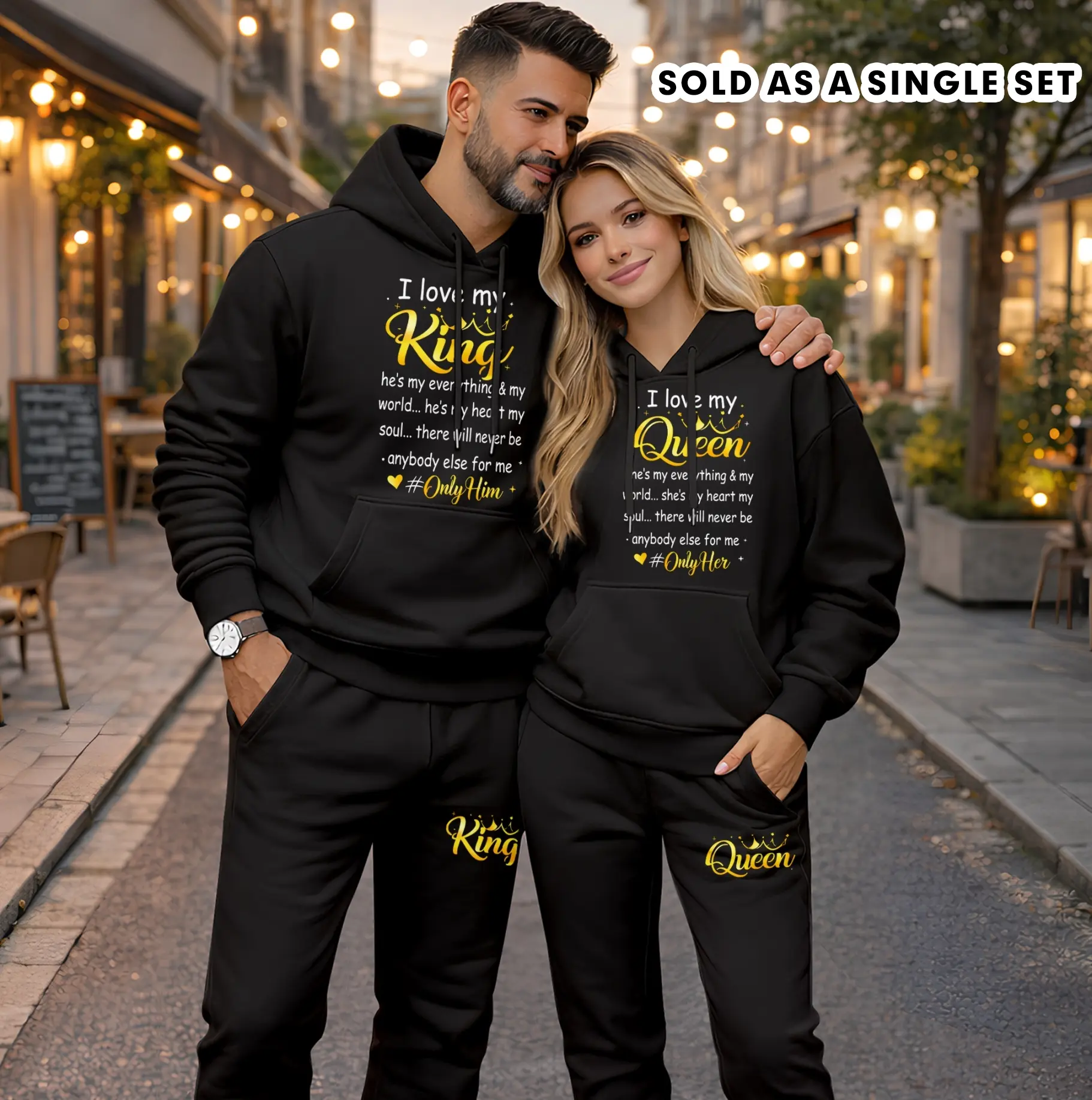 Couples King & Queen Print Tracksuit, 2-Piece Long Sleeve Hooded Sweatshirt and Drawstring Sweatpants Set, Casual Polyester Athletic Wear