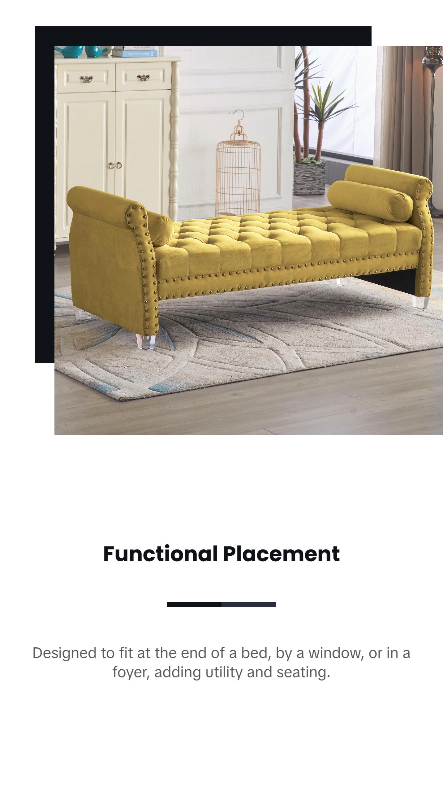 Premium 70in Velvet Tufted Upholstered Bed Bench, Rolled Arm Deep Seat Chaise Lounge with Nail Head Trim, End of Bed Long Ottoman Couch for Window and Bedroom