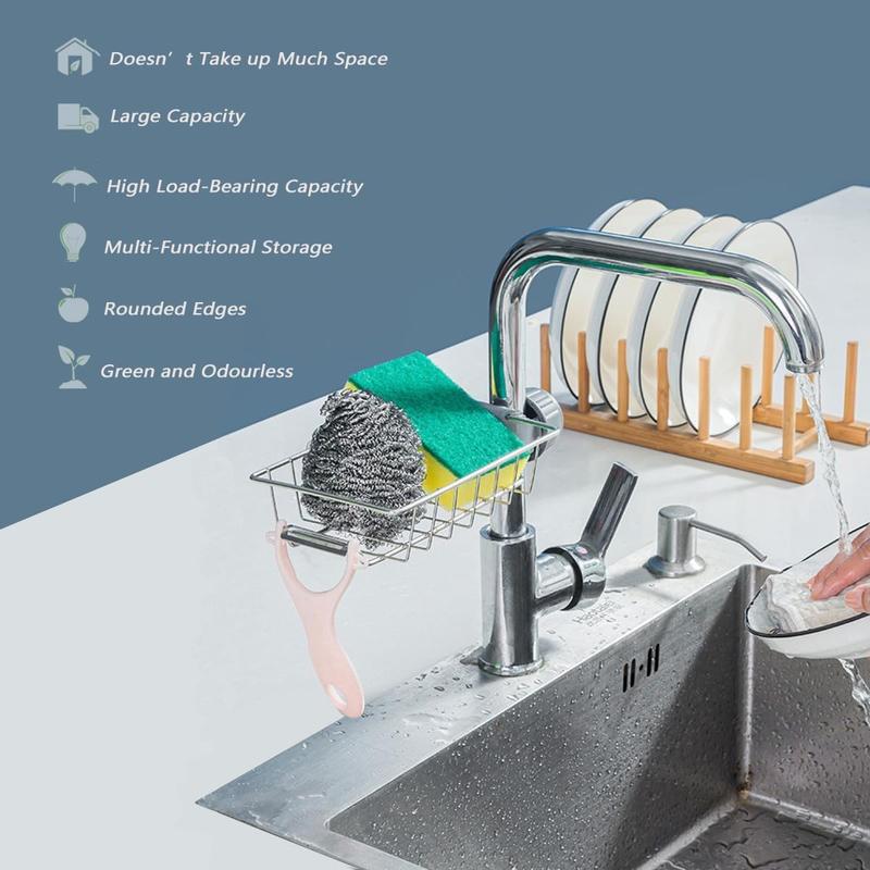 Kitchen Sink Caddy Organizer Over Faucet Sponge Holder, Stainless Steel Heavy Duty Thickening Hanging Faucet Drain Rack for Scrubbers, Soap, Bathroom, Detachable No Suction Cup or Magnet