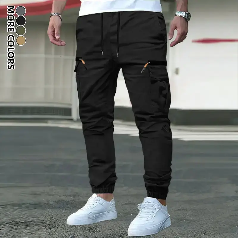Men’s Multi-Color Drawstring Cargo Pants - Lightweight, Wear-Resistant, Wrinkle-Resistant Menswear Workwear with Elastic Waistband, Zipper Accents, Breathable Fabric for Street Style, Outdoor Activities, Plain, Drape
