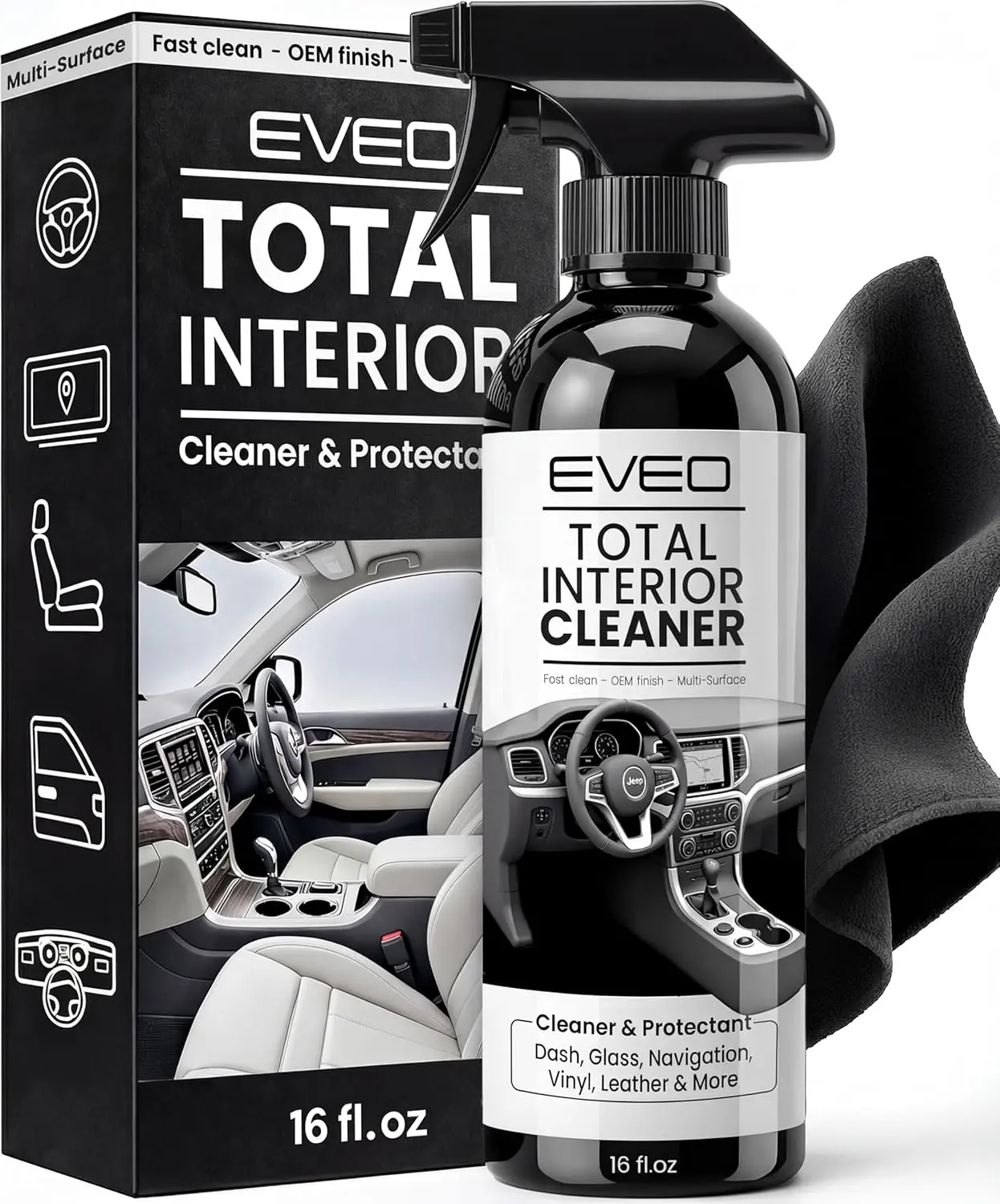 Car Interior Cleaner Kit with Multi Surface Interior Cleaner Spray, Car Seat and Dashboard Cleaner for Leather Vinyl Plastic Glass and Screens, All in One Auto Detailing Supplies for Deep Interior Cleaning 16oz