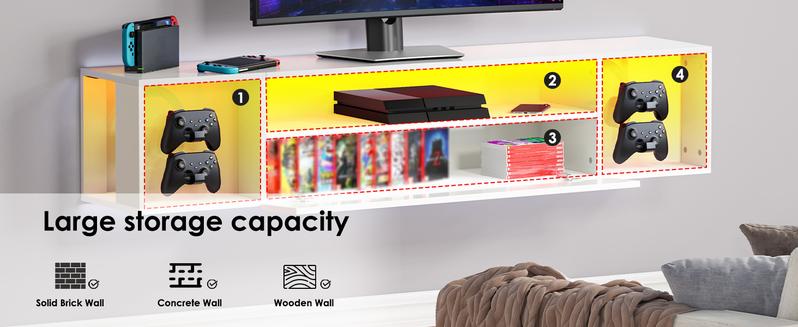 Soges 55" Floating TV Stand with LED Lights, Wall Mounted Entertainment Centre with 2 Headphone & 4 Gaming Handle Hooks, Modern Space Saving Media Console TV Shelf with Storage for Living Room Bedroom