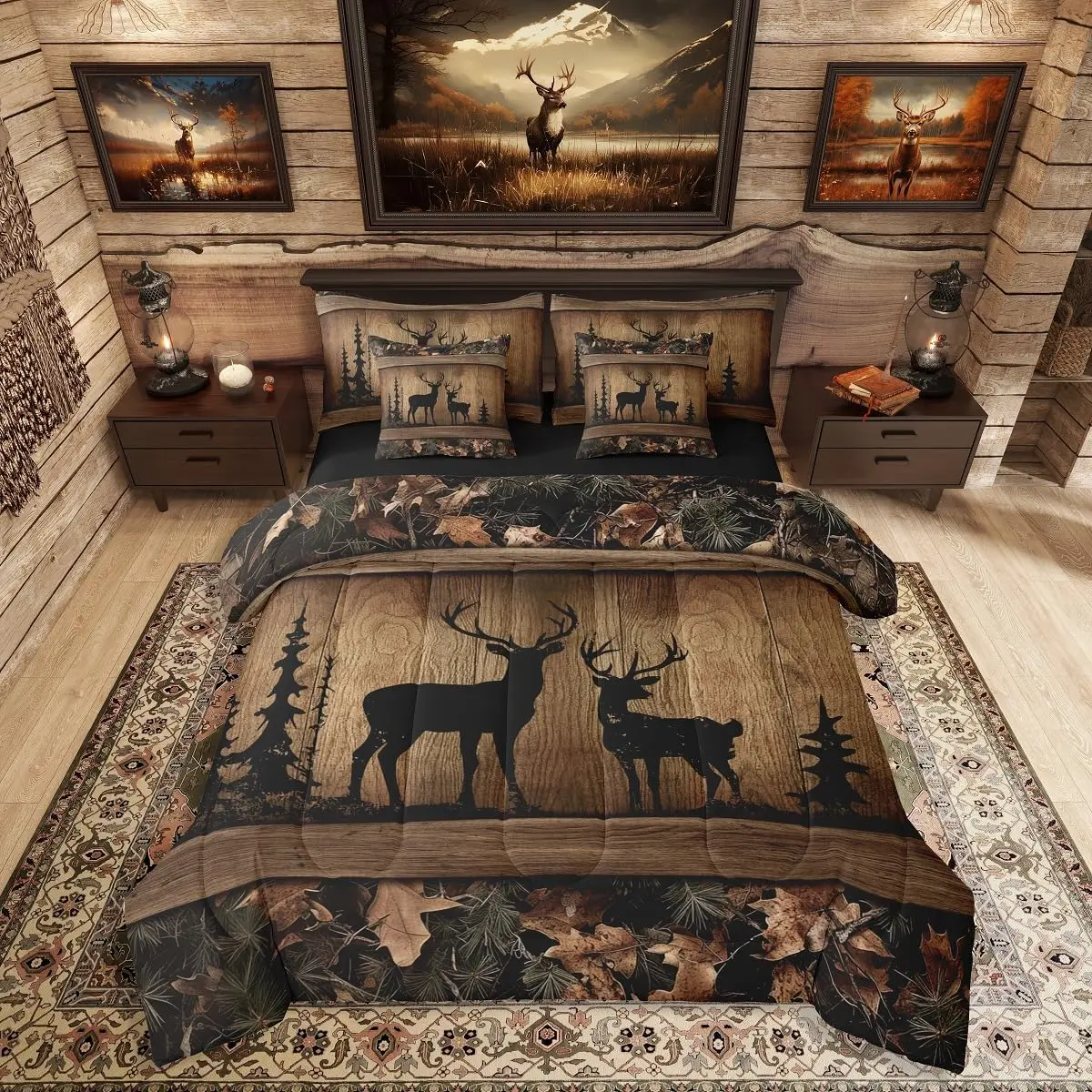 Feelyou 7-Piece Ultra-Soft Microfiber Bed Set - Rustic Cabin Farmhouse Camo Hunting Deer Wildlife Print Decorative Bedding Set for Teen Men, Multi-Size Bedroom Gift, Bed Sets