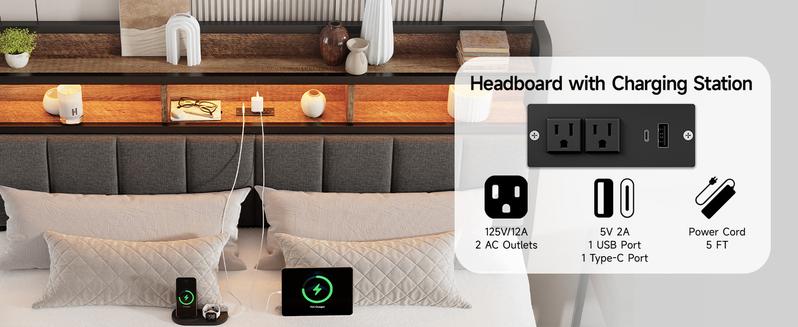 【Valentine's Day gift】ONBRILL Queen/King Size Headboard with 2-Tier Storage, Uphlstered Headboard with LED Light & USB Ports,【HeadBoardOnly】, Height Adjustable, Sturdy and Stable