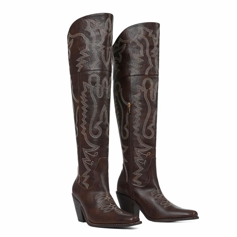 Women‘s Over the Knee Cowboy Boots Embroidery Cowgirl Boots Pointed Toe  Chunky Heel Side Zipper Boots Thigh High Western Boots Retro Country Vintage Fashion Tall Boots for fall
