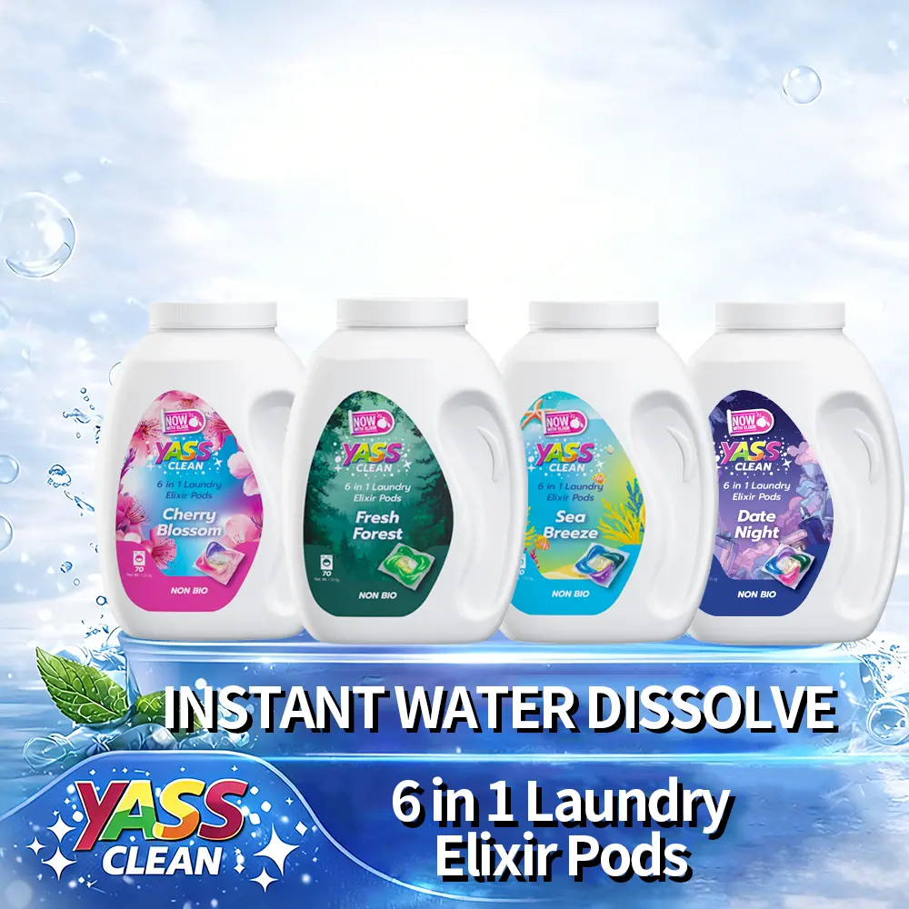 Yass Clean 6-IN-1 POWERFUL LAUNDRY DETERGENT PODS,70 pods per tub, Long-Lasting Fragrance, Portable Laundry, Cherry Blossom,Sea Breeze, Cream Coconut, Stain Removal, Antibacterial, Fabric softening, Fresh Scent Boost with Non-stop Freshness